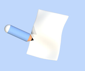 3d render paperwork and blue pencil, 3d render signing contract paper, working on paper sheet, signing loan contract, doing homework with pencil and paper, 3d rendering of pencil and white paper.