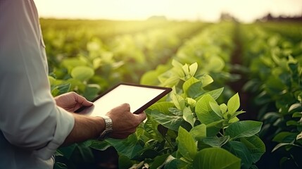 Agronomist holds a laptop and inspects soybean plants in an agricultural field. Farmer in a soybean field on a farm - obrazy, fototapety, plakaty