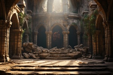 Stone altar in an ancient temple, bathed in soft, ethereal light, Generative AI