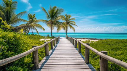 Fototapeta na wymiar A secluded wooden walkway lined with palm trees along the ocean