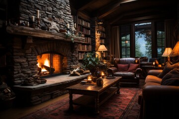 Fototapeta premium Stone fireplace in a cozy cabin, radiating warmth and comfort, Generative AI