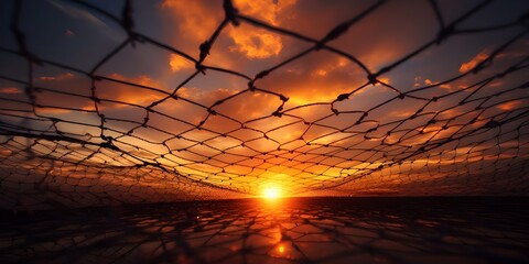 sunset over the sea with fishing net background,
