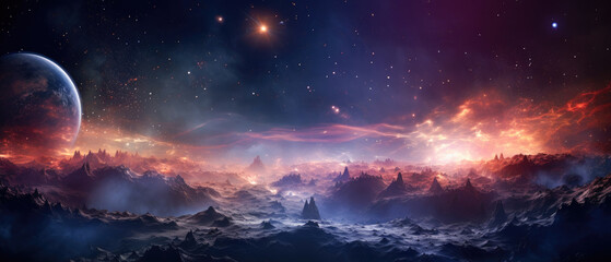 Fototapeta na wymiar Surreal digital art of a world in a cosmic setting with nebulas, stars, and sunlight