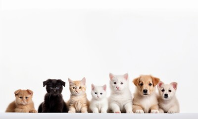 Backdrop with pictures of cute pets, puppies and kittens sitting together on a white background.