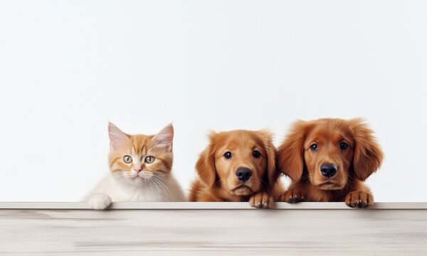 Backdrop with pictures of cute pets, puppies and kittens sitting together on a white background.