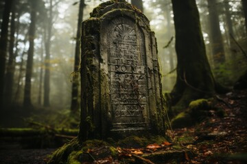  Stone monument in a historic cemetery, with moss-covered engravings telling tales of the past, Generative AI