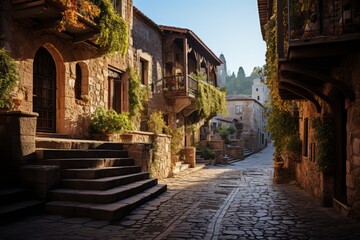 Fototapeta na wymiar Stone-paved street in an old European town, capturing the charm of cobblestone alleys, Generative AI