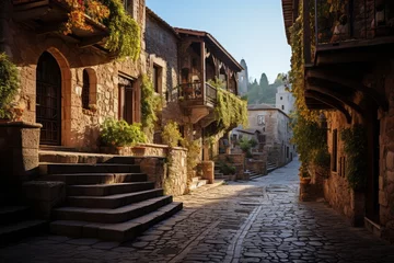 Fotobehang Stone-paved street in an old European town, capturing the charm of cobblestone alleys, Generative AI © Shooting Star Std