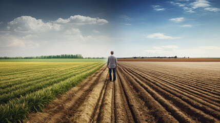 Person standing between plowed and farmland