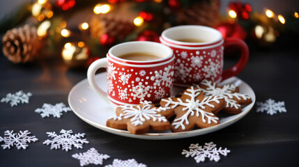 Obraz na płótnie Canvas Two christmas cups of coffee or other hot beverage surrounded by snowflakes and cookies