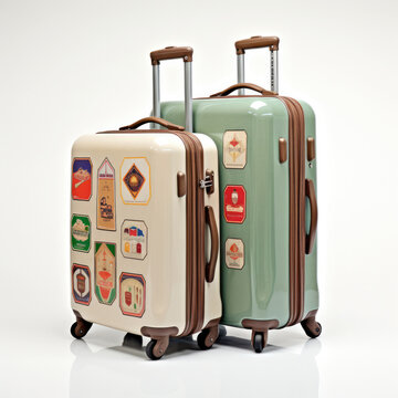 Two Pieces Of Vintage Luggage With Stickers On Outside Standing Upright Isolated On White Background