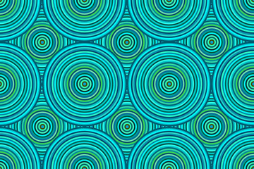 ターコイズブルーやエメラルドグリーンのバリエーションの重なり合う細かい多重の円のシームレス模様