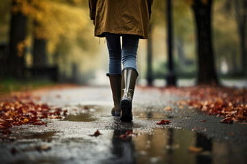 Back view of a woman going in an autumn park after the rain