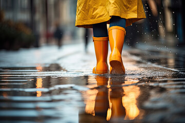 Back view of a woman going on the street after the rain