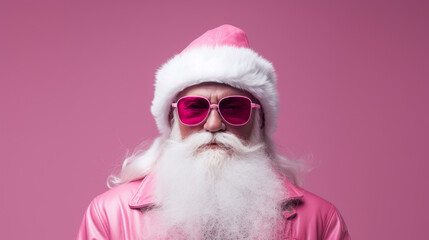 Fashion santa claus in pink suit and sunglasses against pink background. Creative Christmas scene