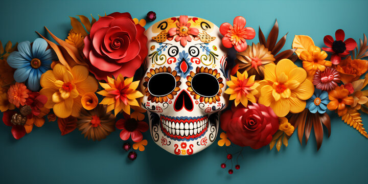 Halloween Dia De Los Muertos Party Background with Prominent Sugar Skull.
