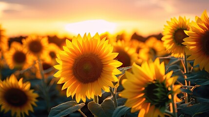 Obraz premium A field of sunflowers blooms beautifully in the golden light of sunset.