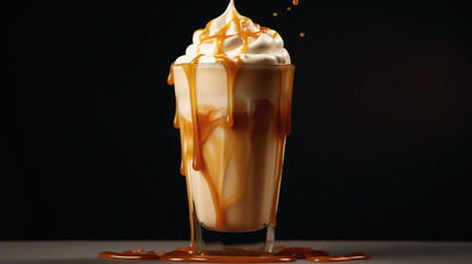 Coffee with cream and caramel on natural background.
