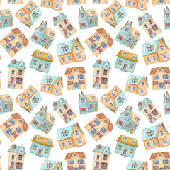Hand drawn watercolor seamless pattern with old and cozy house. Cute cottage on white background