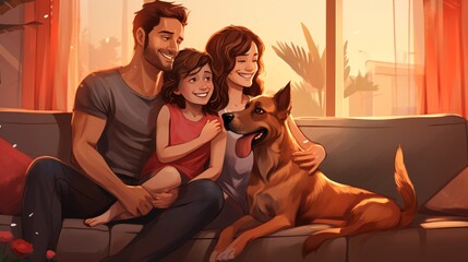 Fototapeta na wymiar A joyful family sitting on the couch with their dog in the living room..