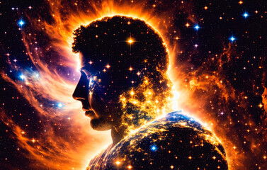 Man silhouette in space with stars and nebula. The concept of God in the image of a man against the background of the universe. Generative AI.