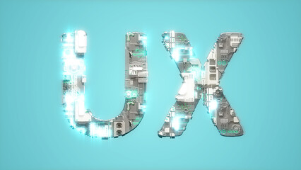 modern lighting cybernetical text UX on blue bg - abstract 3D illustration