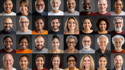 A vibrant collage of joyful individuals from diverse ethnic backgrounds, spanning various ages, captured in headshots..