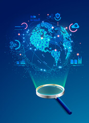 concept seo or big data analysis, graphic of magnifying glass with futuristic world technology