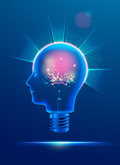 concept of creative thinking or deep learning, graphic of light bulb combined with human head