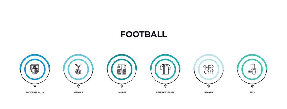 Football Club, Medals, Shorts, Referee Jersey, Player, Red Outline Icons. Infographic Template.