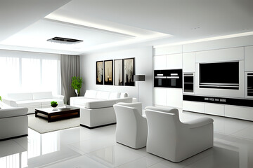 Luxurious interior design living room and white kitchen. Open plan interior. Side view.