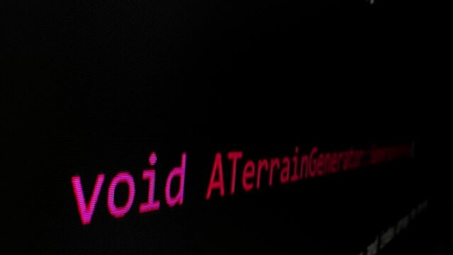 Closeup macro shot movement of coding script moving across LED screen with real-time AI-generated typing, showcasing advanced AI learning in optimization, debug and coding for software development.