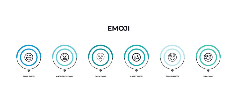 smile emoji, anguished emoji, calm emoji, crazy stupid shy outline icons. infographic template.