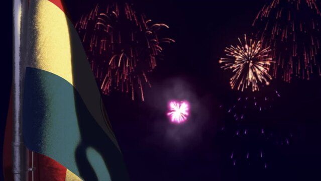 hanging Paraguay flag on firework sky bokeh bg