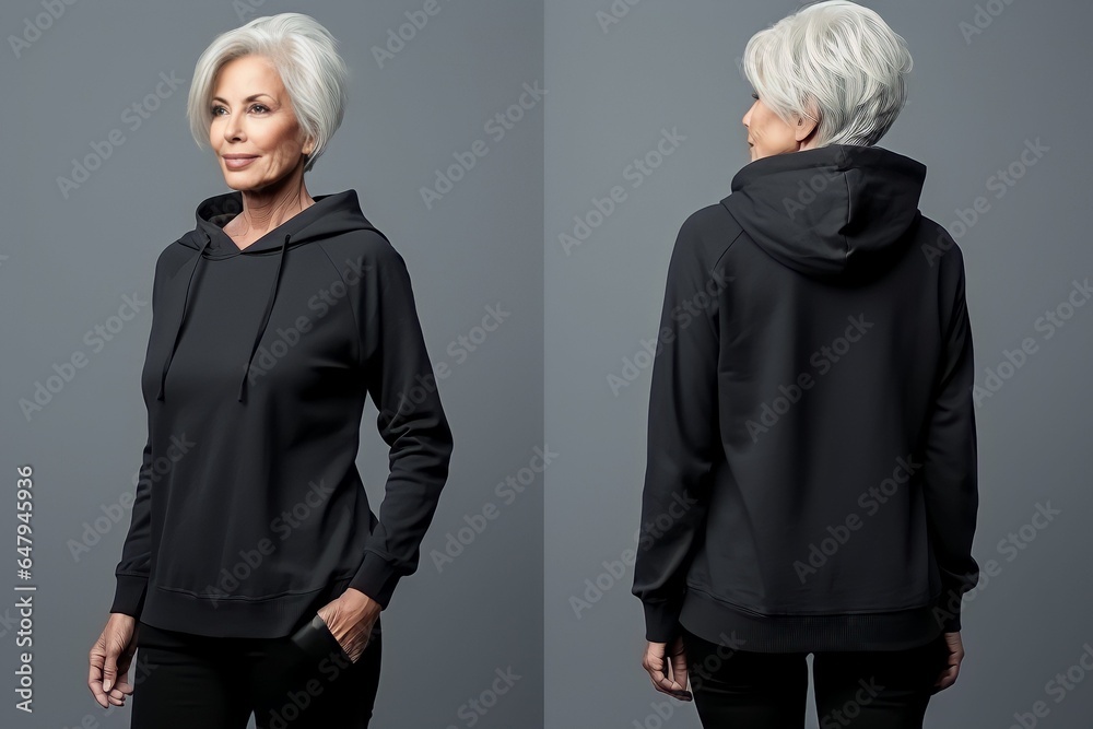 Wall mural old grandmother wearing long sleeve hoodie sweatshirt Side view, back and front view mockup template for print t-shirt design mockup