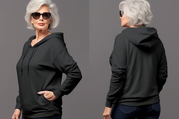 old grandmother wearing long sleeve hoodie sweatshirt Side view, back and front view mockup template for print t-shirt design mockup - obrazy, fototapety, plakaty