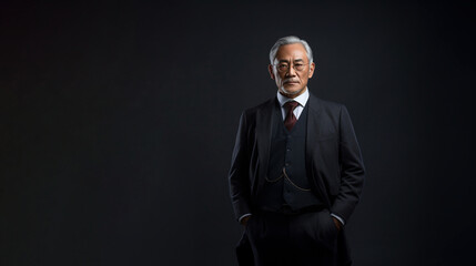 Fototapeta na wymiar Old Asian man in suit, dark background. Modified Generative Ai image.