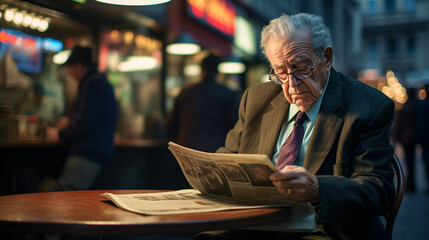Scene of old man in suit reading newspaper.
Modified Generative Ai image.