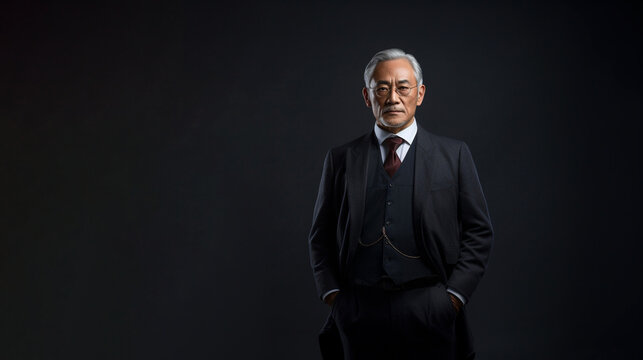 Old Asian man in suit, dark background.
Modified Generative Ai image.
