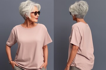 old grandmother wearing casual t-shirt. Side view, back and front view mockup template for print t-shirt design mockup - Powered by Adobe