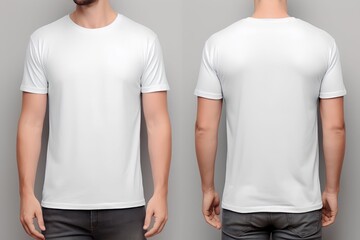 Young man wearing white casual t-shirt back and front view mockup template for print t-shirt design...