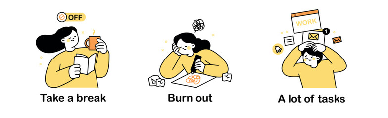 Collection of business freelance characters. They take breaks, get burned out, and struggle with a lot of work.