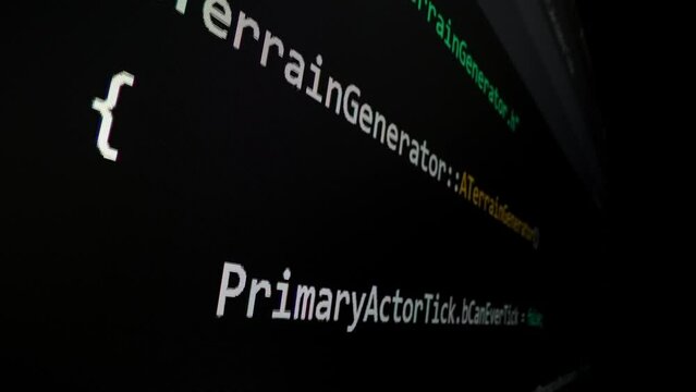 Closeup macro shot movement of coding script moving across LED screen with real-time AI-generated typing, showcasing advanced AI learning in optimization, debug and coding for software development.
