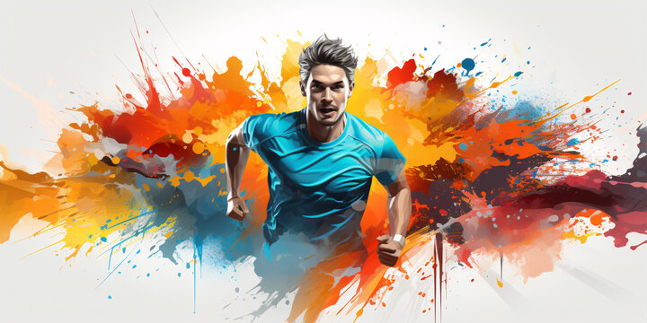 Athletic backdrop with a marathon runner in focus against a white background, leaving room for text or graphics..