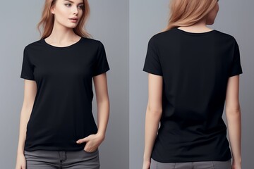 Young woman wearing black casual t-shirt. Side view, back and front view mockup template for print...