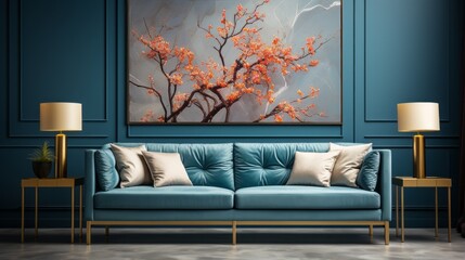 Fototapeta na wymiar Design of a modern living room with a dark blue sofa and a blue wall texture background | Design of a modern living room with a dark blue sofa and a blue wall texture background