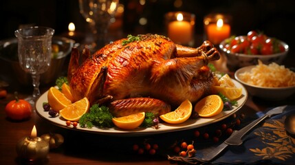 Delicious roasted holiday turkey baked in the oven with oranges or grilled chicken poultry with a fragrant crispy crust lies on a plate on the table - obrazy, fototapety, plakaty