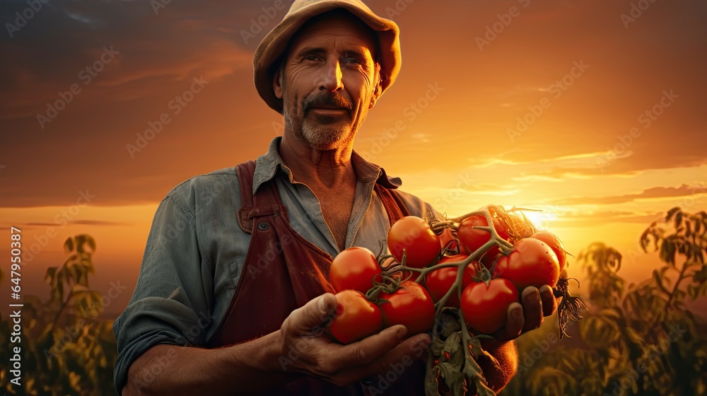 Wall mural Farmer holding fresh tomatoes at sunset