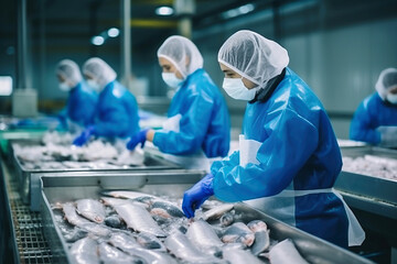 Fish processing plant. Production Line. People sort the fish moving along the conveyor. Sorting and...