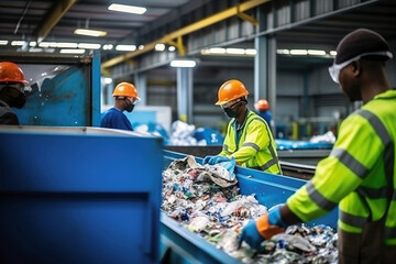 Waste sorting plant. Many different conveyors and bunkers. Workers sort the garbage on the conveyor. Waste disposal and recycling. Waste recycling plant.